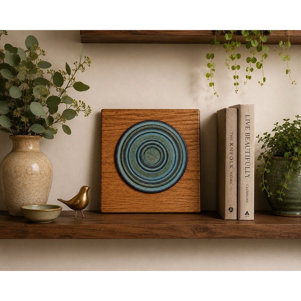 Pottery Ceramic Wood Trivet Rare Find Vintage Home Decor Tribe Astray Tan Blue